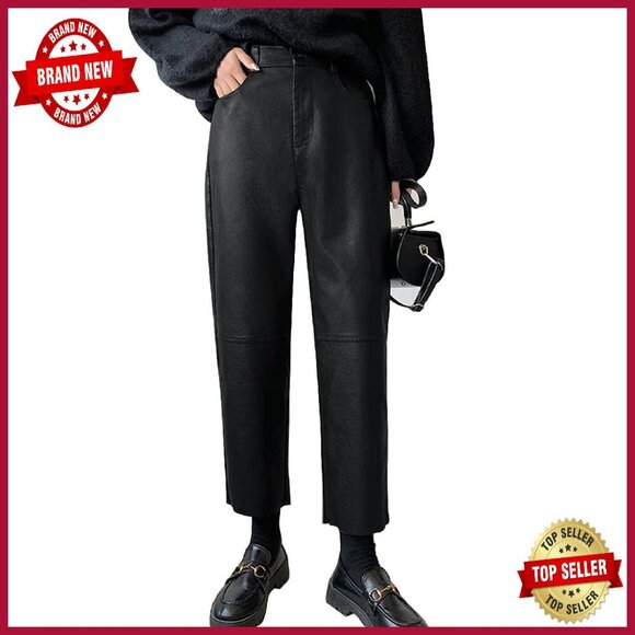 Pants - Faux Leather Pants High Waist Straight Leg Ankle Cropped Vegan Pleather